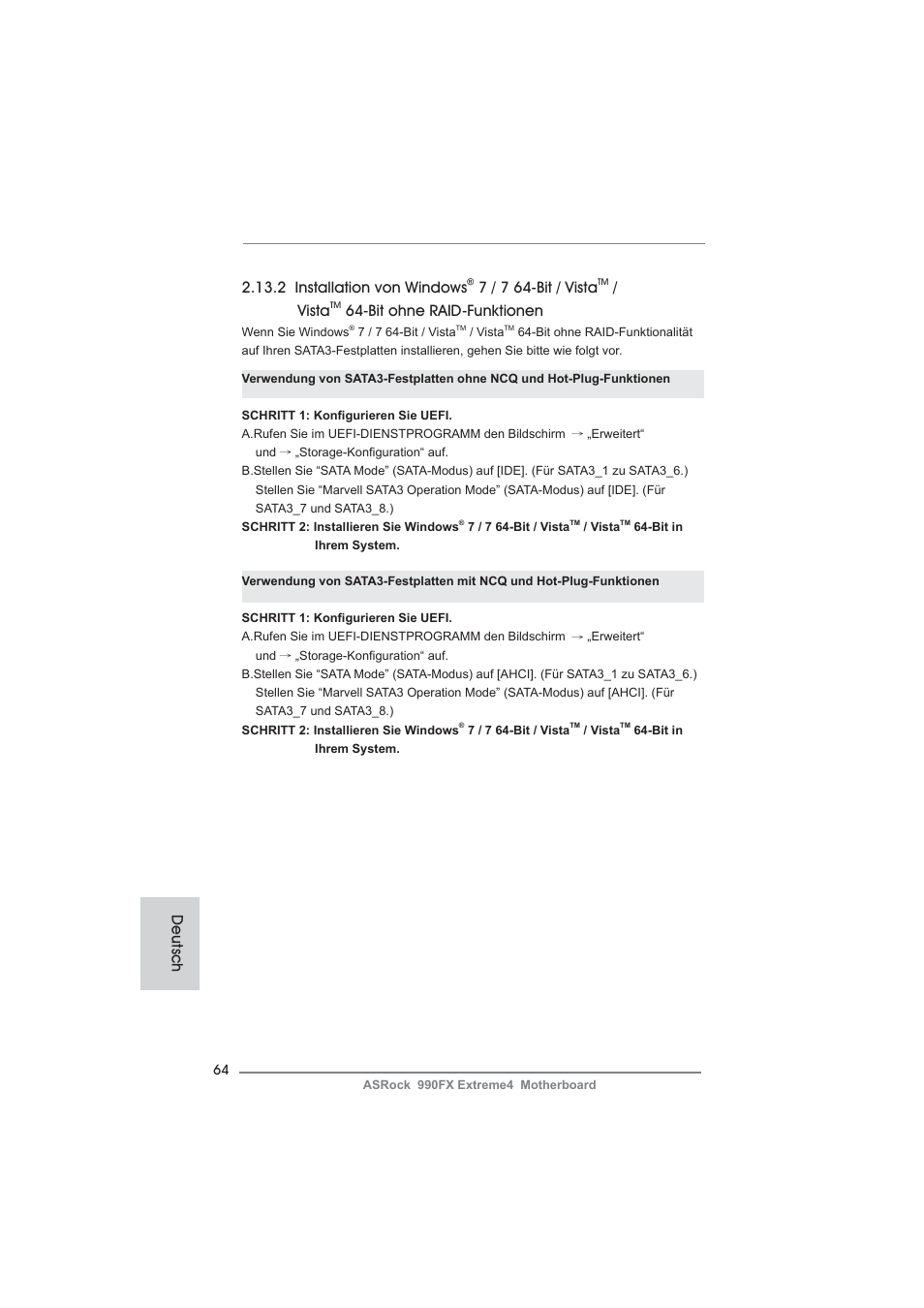 2 installation von windows, 7 / 7 64-bit / vista, Vista | Bit ohne raid-funktionen, Deutsch | ASRock 990FX Extreme4 User Manual | Page 64 / 281