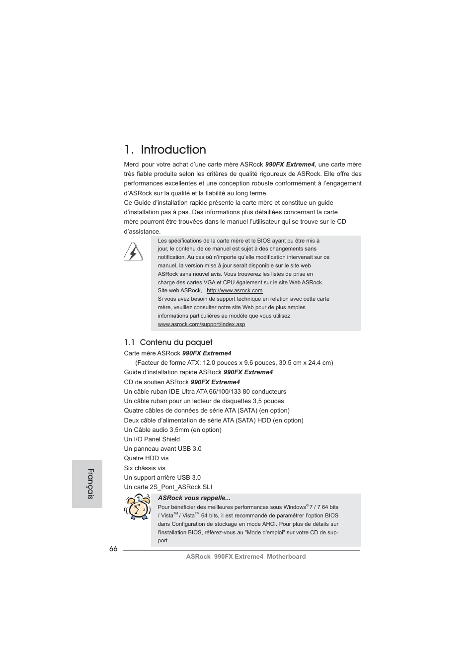 French, Introduction, 1 contenu du paquet | Français | ASRock 990FX Extreme4 User Manual | Page 66 / 281