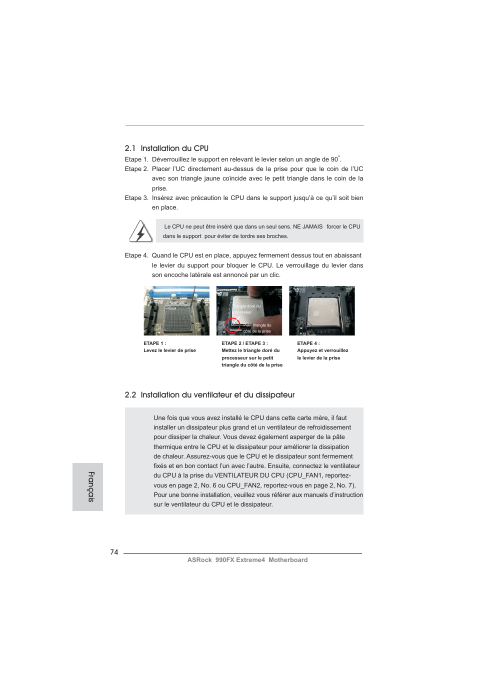 1 installation du cpu, 2 installation du ventilateur et du dissipateur, Français | ASRock 990FX Extreme4 User Manual | Page 74 / 281