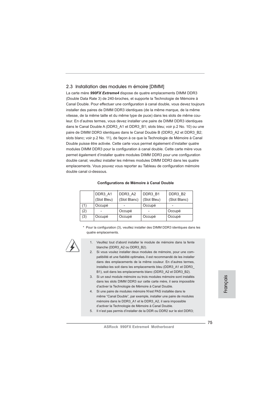 3 installation des modules m émoire [dimm, Français | ASRock 990FX Extreme4 User Manual | Page 75 / 281