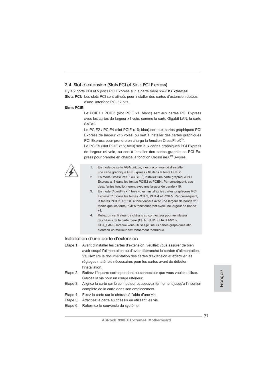 Installation d’une carte d’extension, Français | ASRock 990FX Extreme4 User Manual | Page 77 / 281