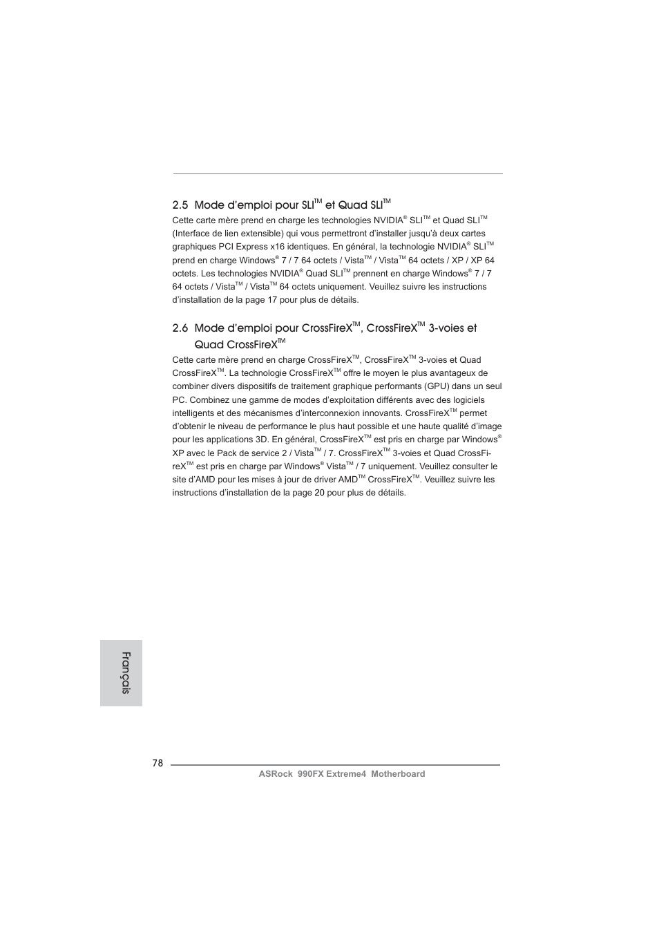 5 mode d’emploi pour sli, Et quad sli, 6 mode d’emploi pour crossfirex | Crossfirex, Voies et quad crossfirex, Français | ASRock 990FX Extreme4 User Manual | Page 78 / 281