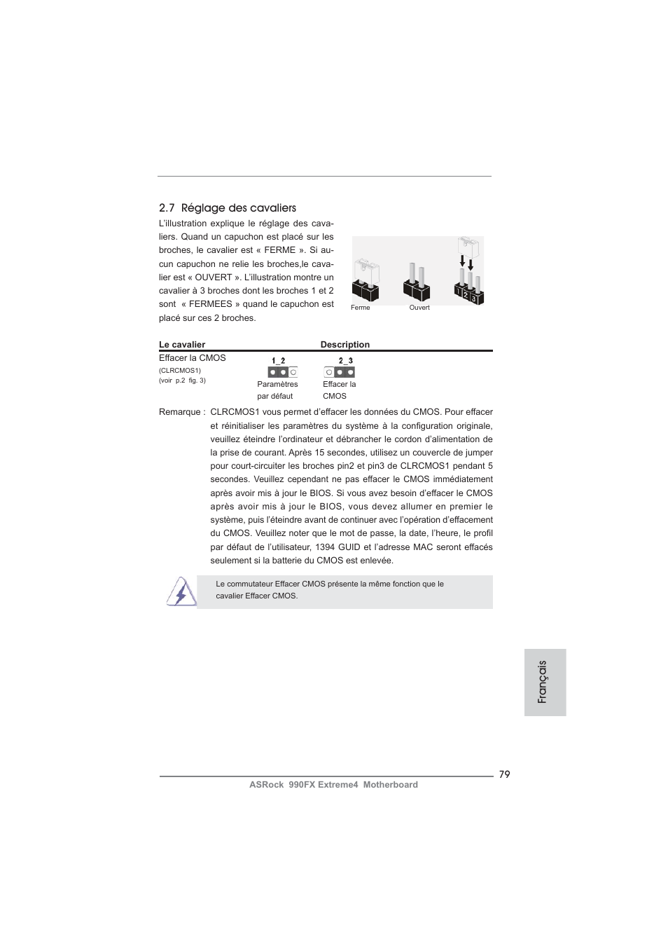 7 réglage des cavaliers, Français | ASRock 990FX Extreme4 User Manual | Page 79 / 281