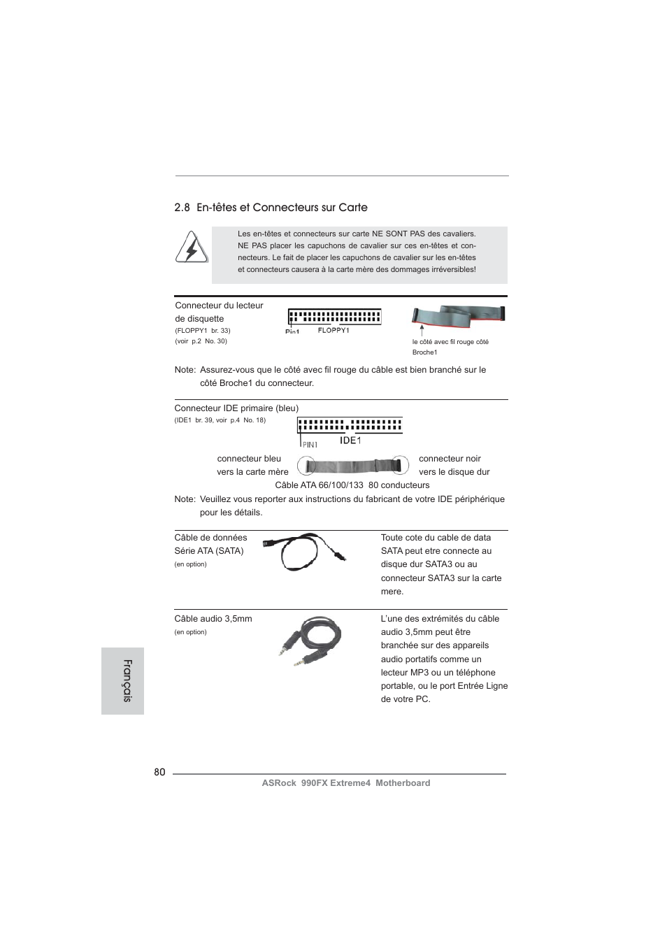 8 en-têtes et connecteurs sur carte, Français | ASRock 990FX Extreme4 User Manual | Page 80 / 281