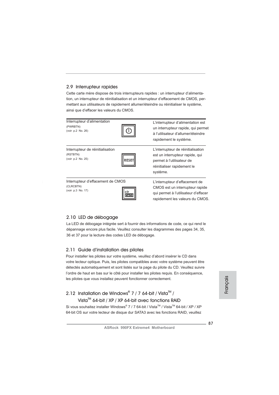 9 interrupteur rapides, 10 led de débogage, 11 guide d’installation des pilotes | 12 installation de windows, 7 / 7 64-bit / vista, Vista, Bit / xp / xp 64-bit avec fonctions raid, Français | ASRock 990FX Extreme4 User Manual | Page 87 / 281