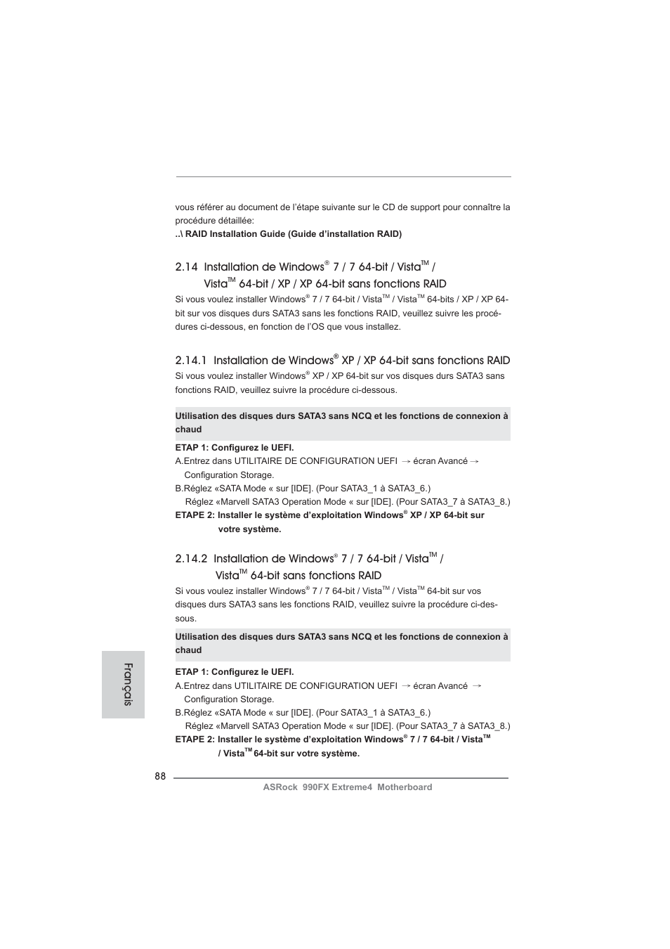 1 installation de windows, Xp / xp 64-bit sans fonctions raid, 14 installation de windows | 7 / 7 64-bit / vista, Vista, Bit / xp / xp 64-bit sans fonctions raid, 2 installation de windows, Bit sans fonctions raid, Français | ASRock 990FX Extreme4 User Manual | Page 88 / 281