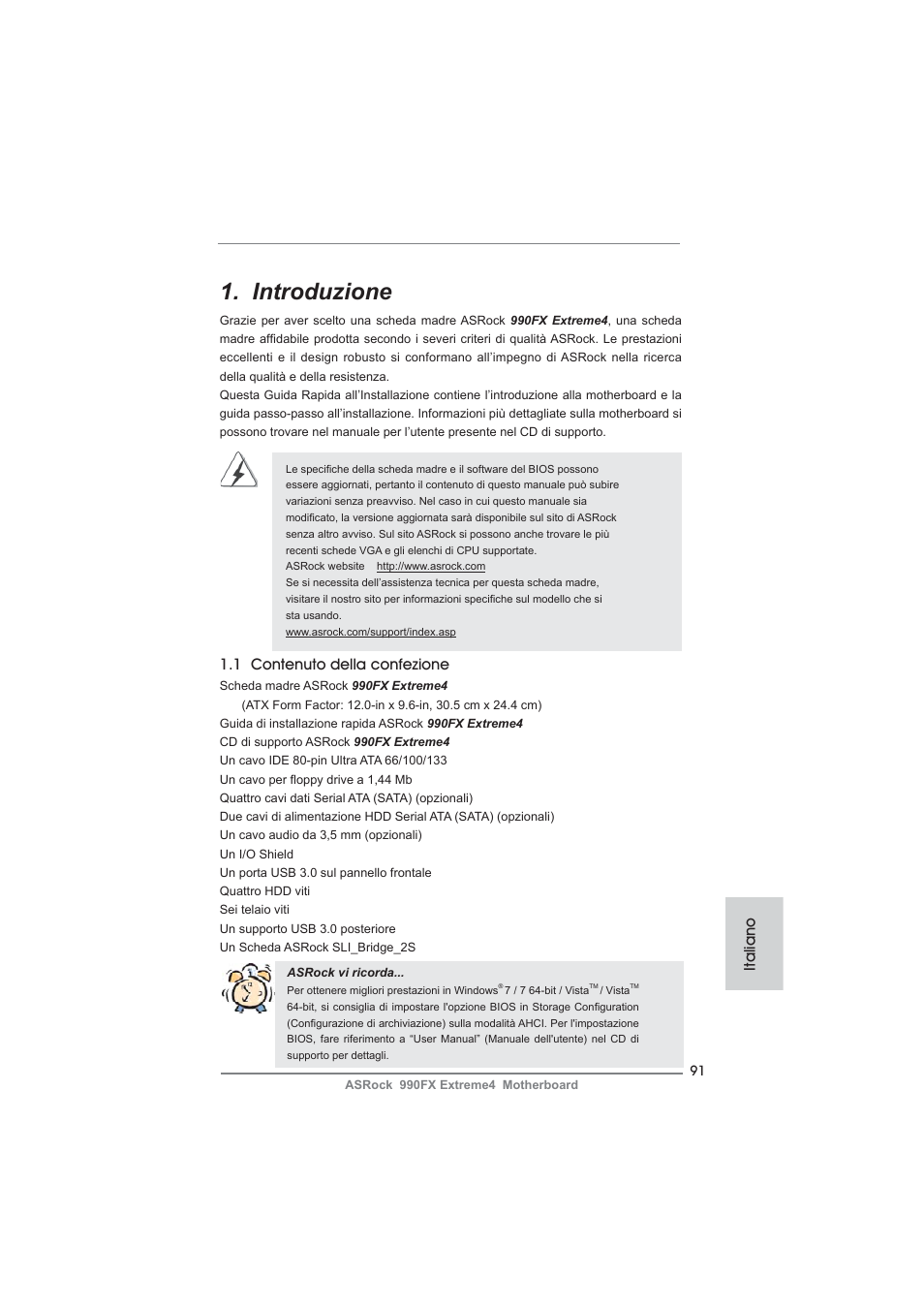 Italian, Introduzione, 1 contenuto della confezione | Italiano | ASRock 990FX Extreme4 User Manual | Page 91 / 281