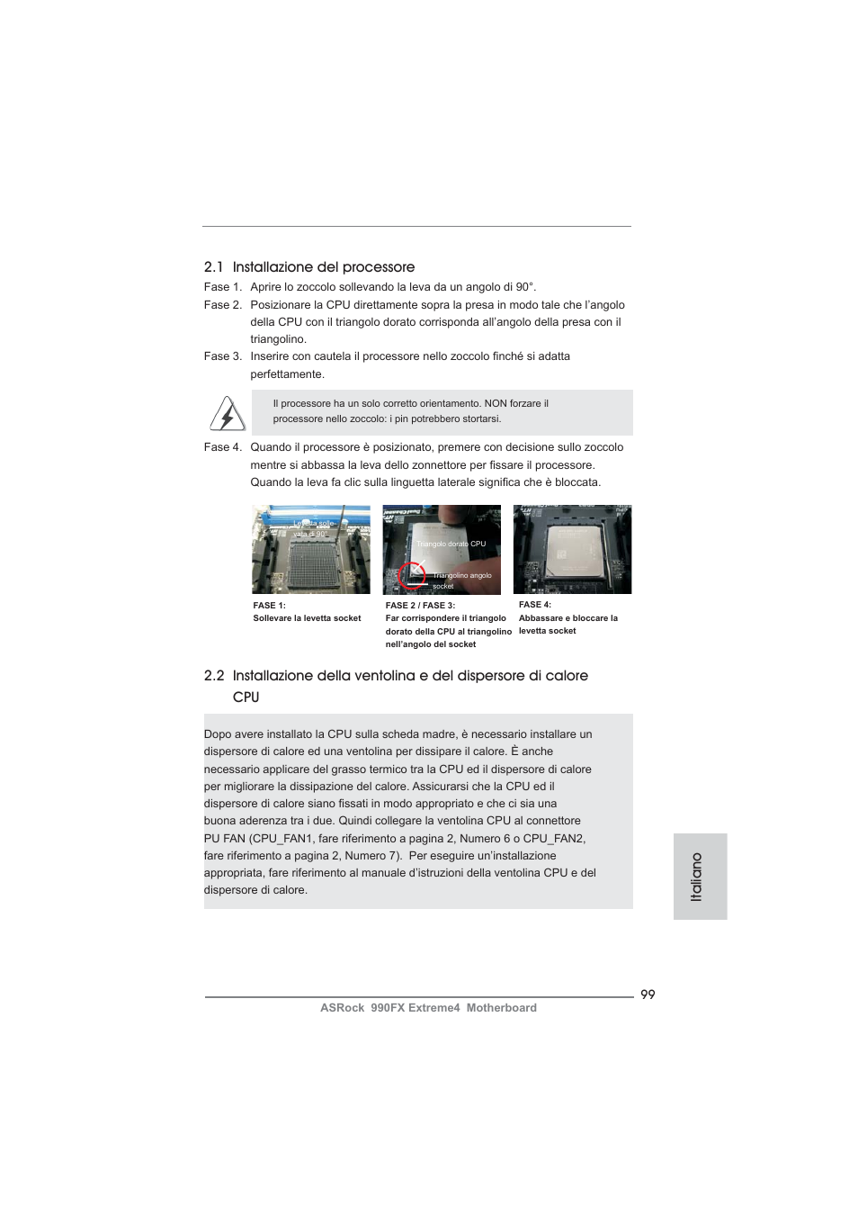 1 installazione del processore, Italiano | ASRock 990FX Extreme4 User Manual | Page 99 / 281