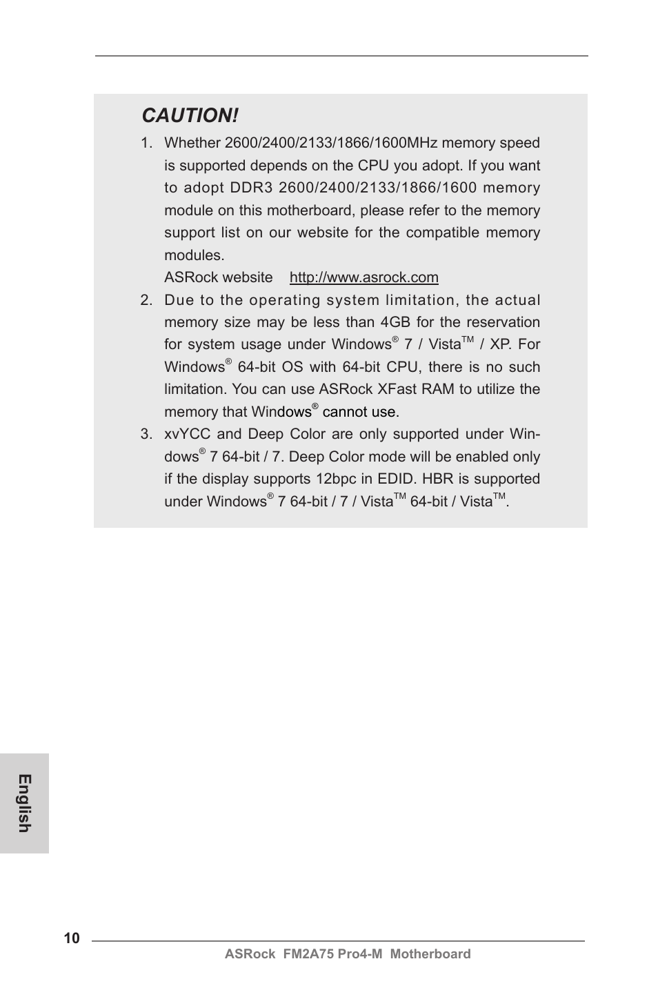Caution, English | ASRock FM2A75 Pro4-M User Manual | Page 10 / 164