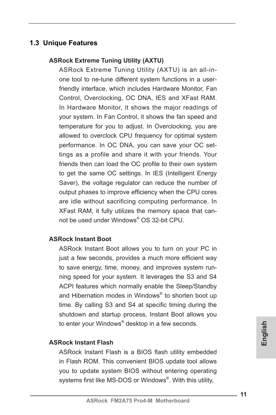3 unique features, English | ASRock FM2A75 Pro4-M User Manual | Page 11 / 164