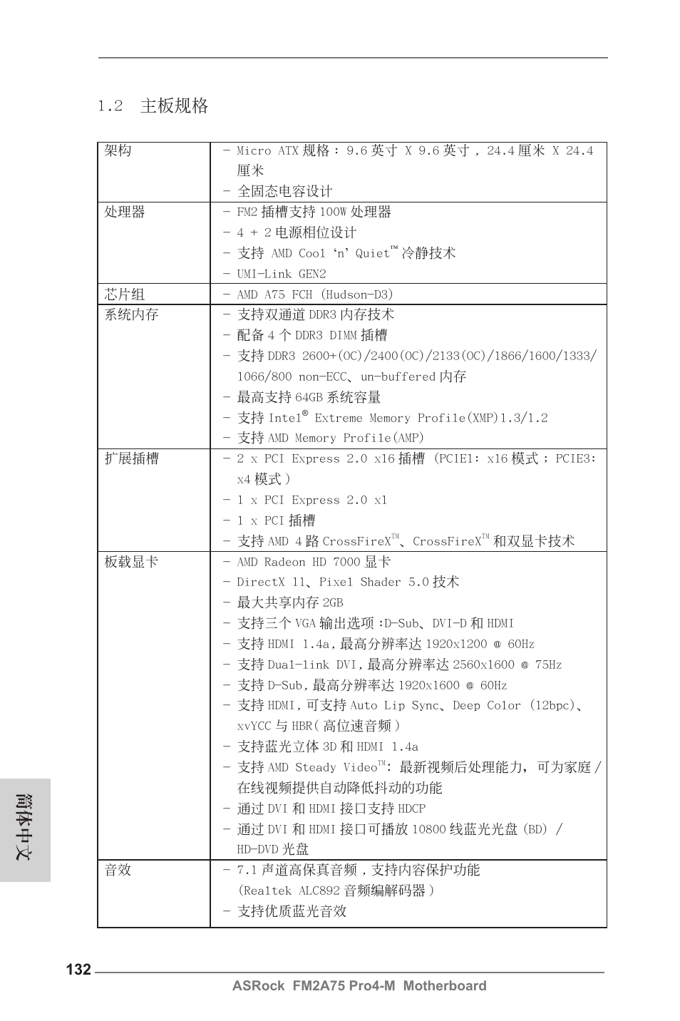 2 主板規格, 簡體中文 | ASRock FM2A75 Pro4-M User Manual | Page 132 / 164