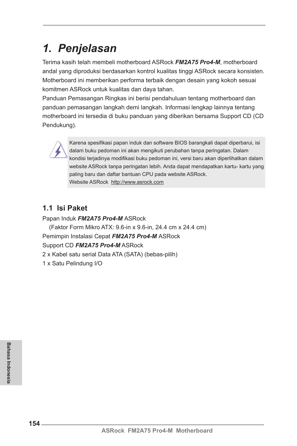 Indonesian, Penjelasan, 1 isi paket | ASRock FM2A75 Pro4-M User Manual | Page 154 / 164