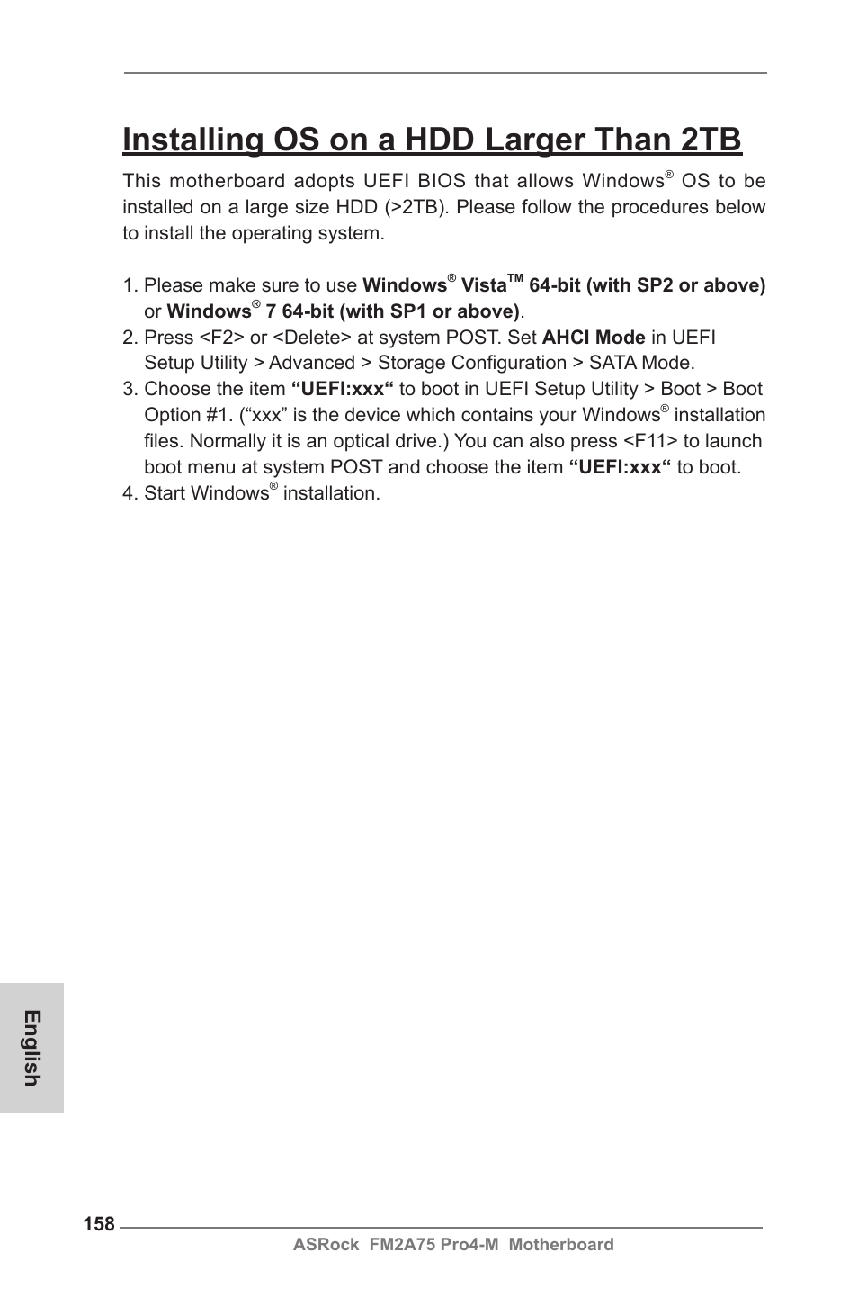 Installing os on a hdd larger than 2tb, English | ASRock FM2A75 Pro4-M User Manual | Page 158 / 164