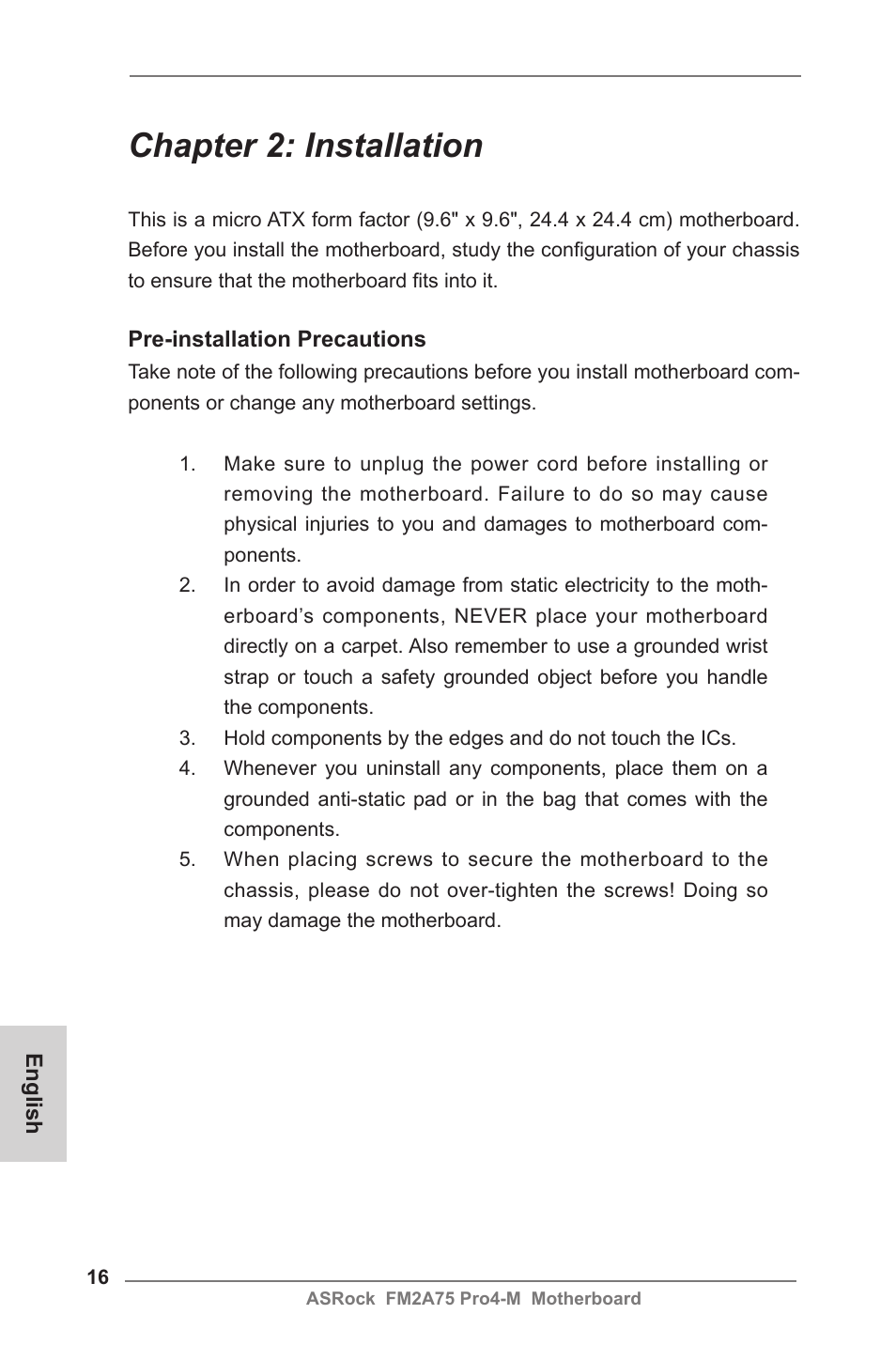 Chapter 2: installation | ASRock FM2A75 Pro4-M User Manual | Page 16 / 164