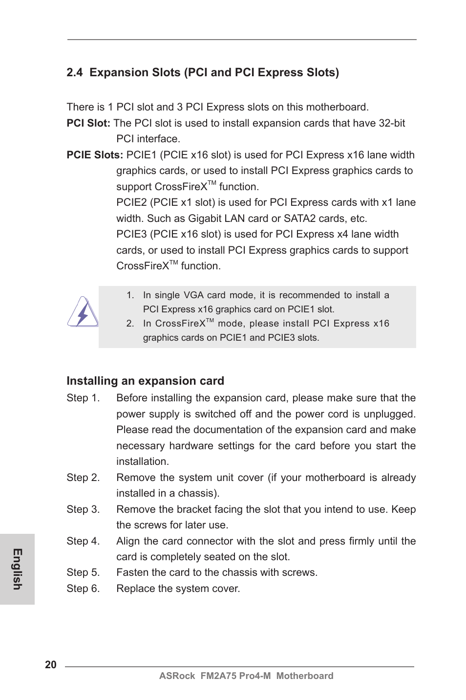 4 expansion slots (pci and pci express slots), Installing an expansion card, English | ASRock FM2A75 Pro4-M User Manual | Page 20 / 164