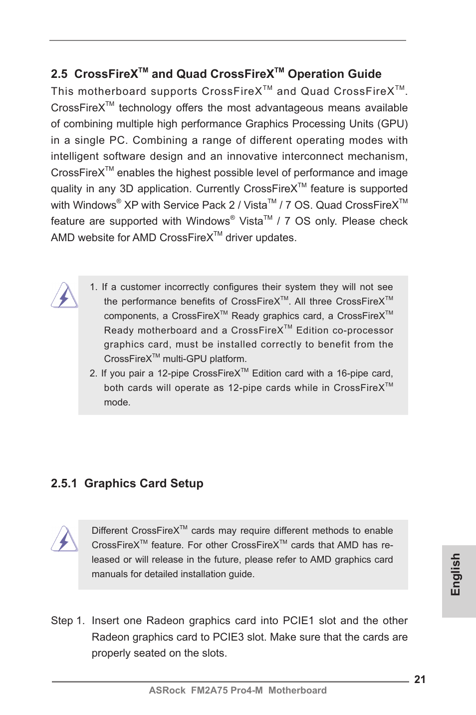 5 crossfirex, And quad crossfirex, Operation guide | 1 graphics card setup, English, This motherboard supports crossfirex, Crossfirex, Feature is supported with windows, Xp with service pack 2 / vista, 7 os. quad crossfirex | ASRock FM2A75 Pro4-M User Manual | Page 21 / 164