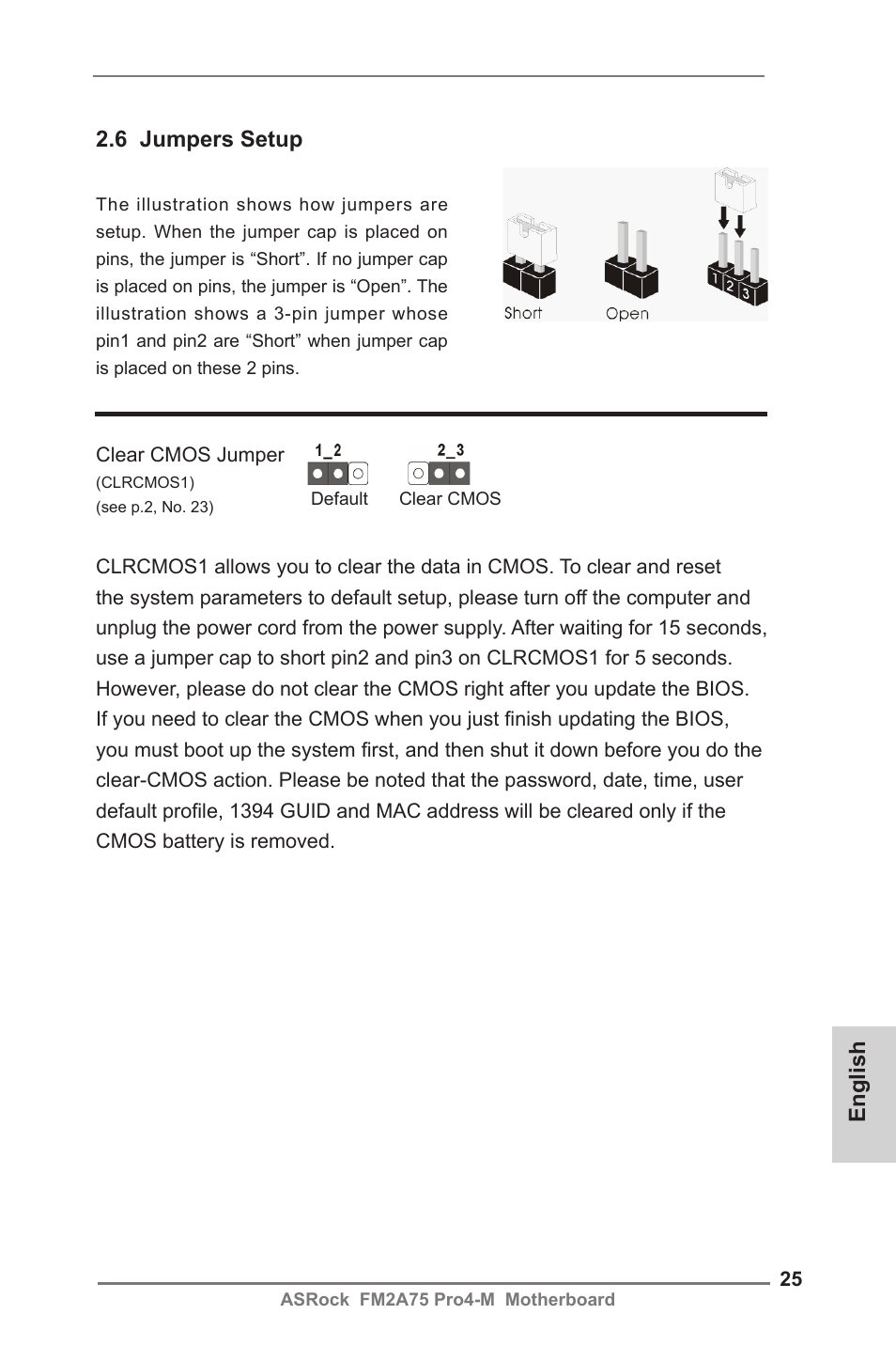 6 jumpers setup, English | ASRock FM2A75 Pro4-M User Manual | Page 25 / 164