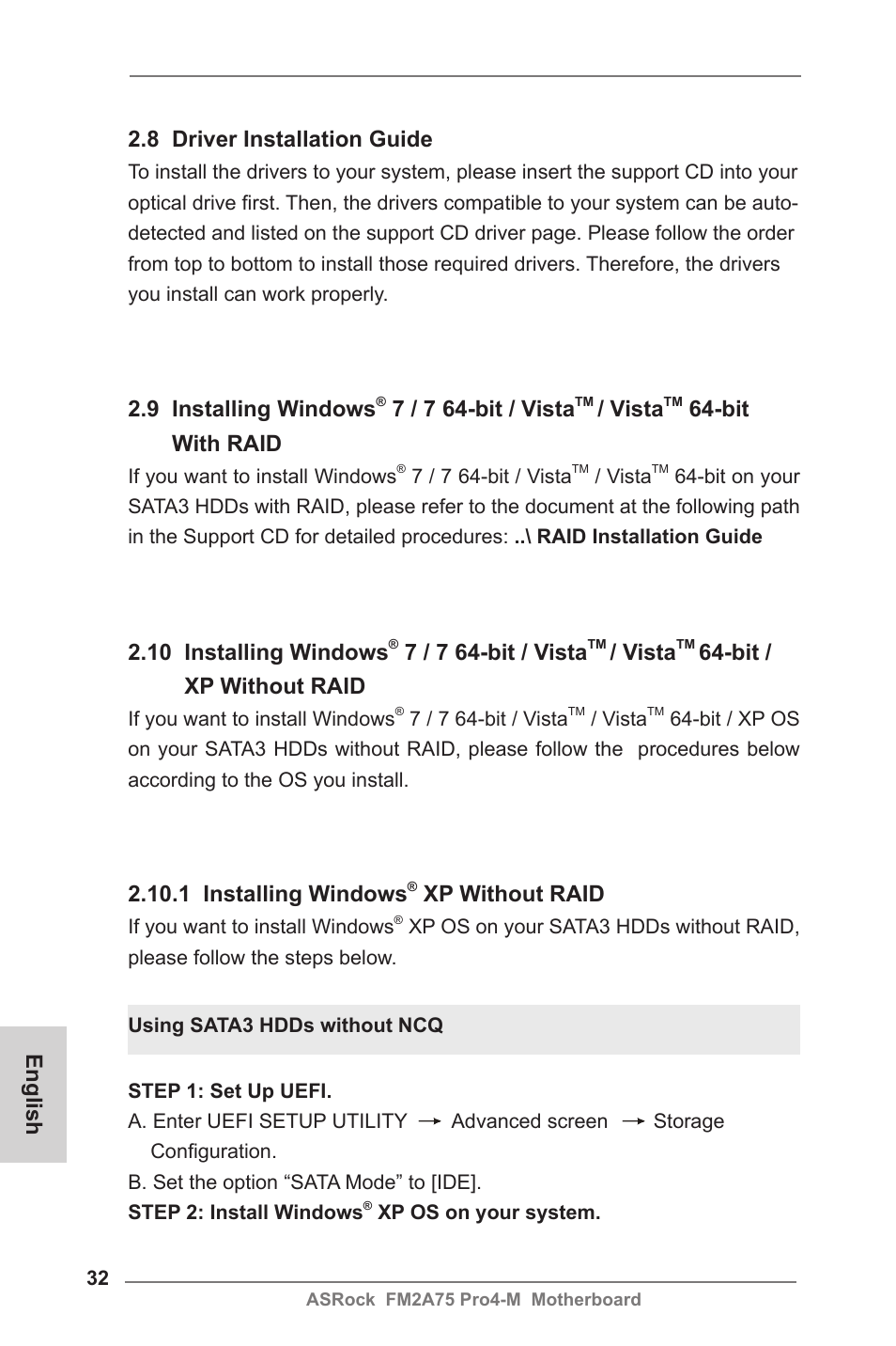 8 driver installation guide, 10 installing windows, 7 / 7 64-bit / vista | Vista, Bit / xp without raid, 1 installing windows, Xp without raid, 9 installing windows, Bit with raid, English | ASRock FM2A75 Pro4-M User Manual | Page 32 / 164