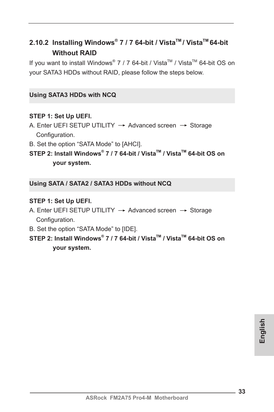 2 installing windows, 7 / 7 64-bit / vista, Vista | Bit without raid, English | ASRock FM2A75 Pro4-M User Manual | Page 33 / 164