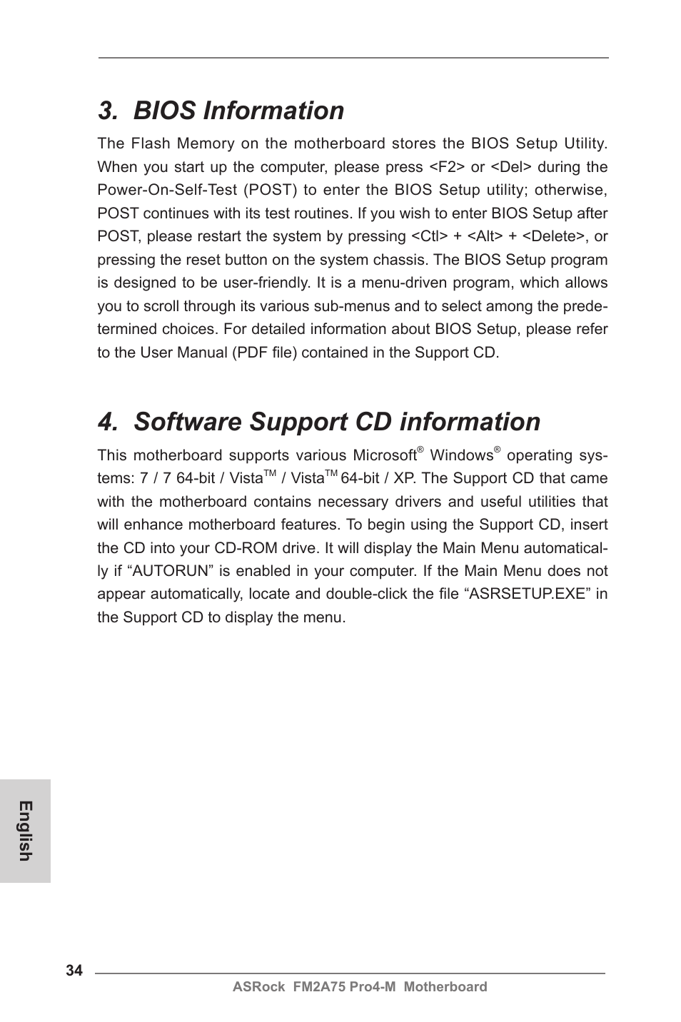 Bios information, Software support cd information | ASRock FM2A75 Pro4-M User Manual | Page 34 / 164