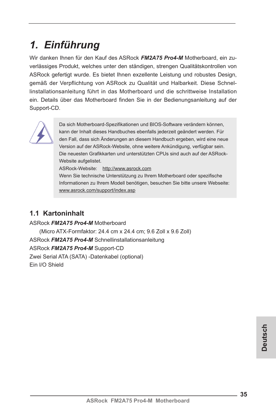 German, Einführung, 1 kartoninhalt | Deutsch | ASRock FM2A75 Pro4-M User Manual | Page 35 / 164