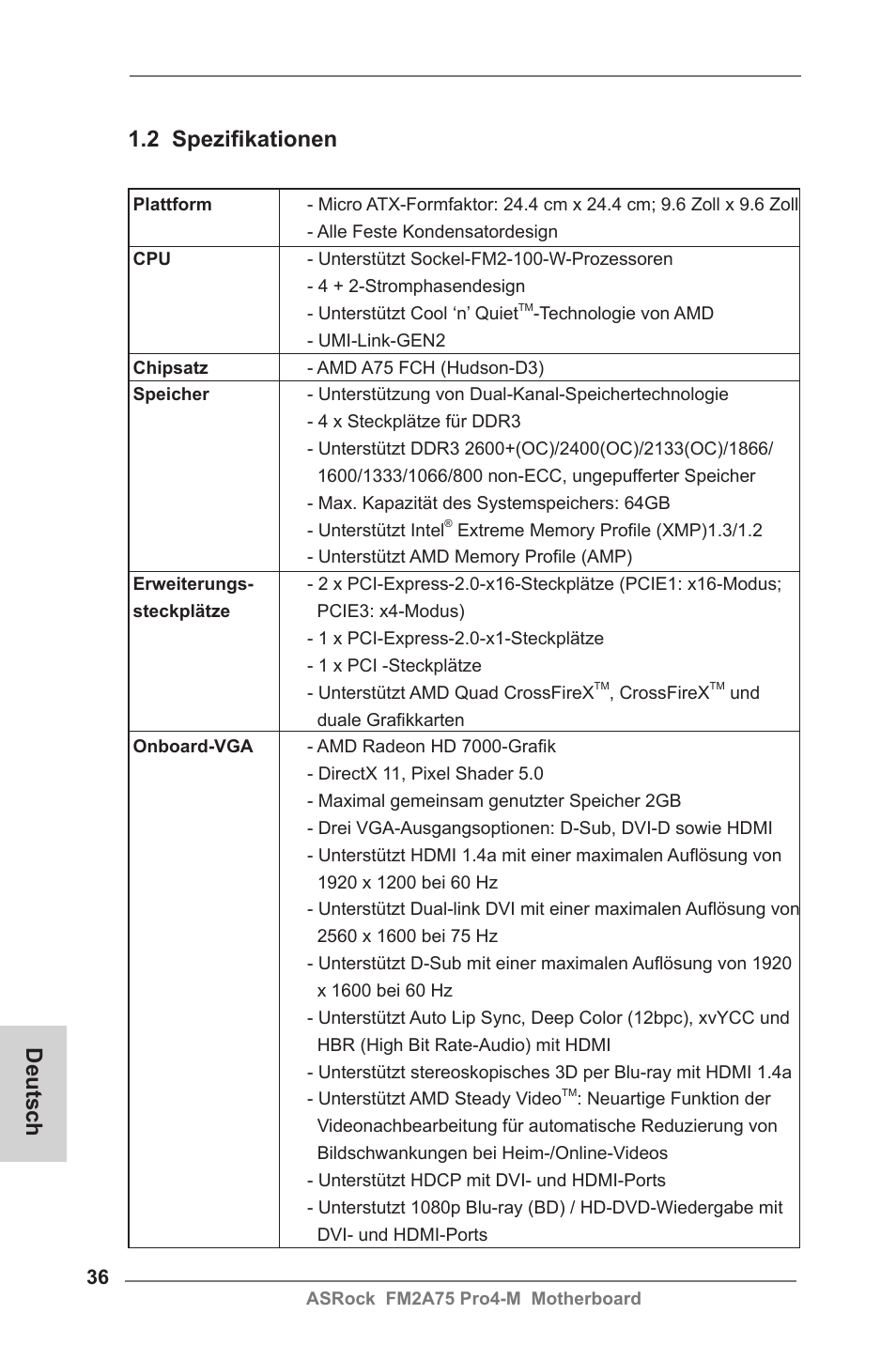 2 spezifikationen, Deutsch | ASRock FM2A75 Pro4-M User Manual | Page 36 / 164