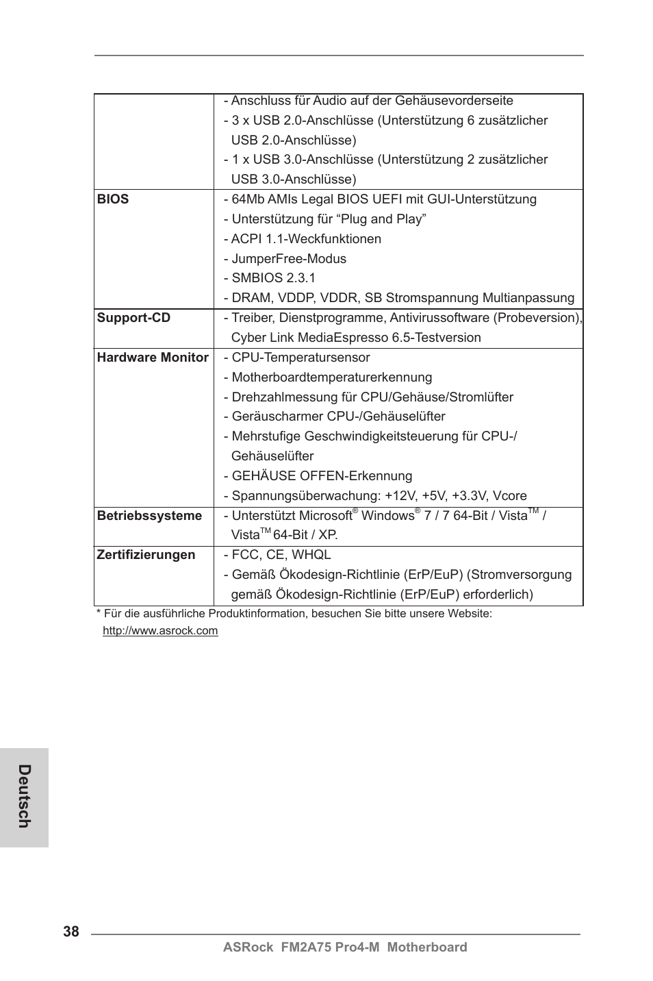 Deutsch | ASRock FM2A75 Pro4-M User Manual | Page 38 / 164