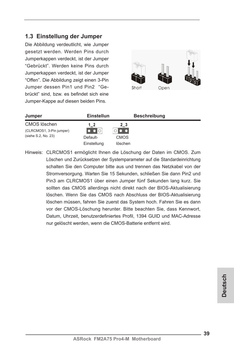 3 einstellung der jumper, Deutsch | ASRock FM2A75 Pro4-M User Manual | Page 39 / 164