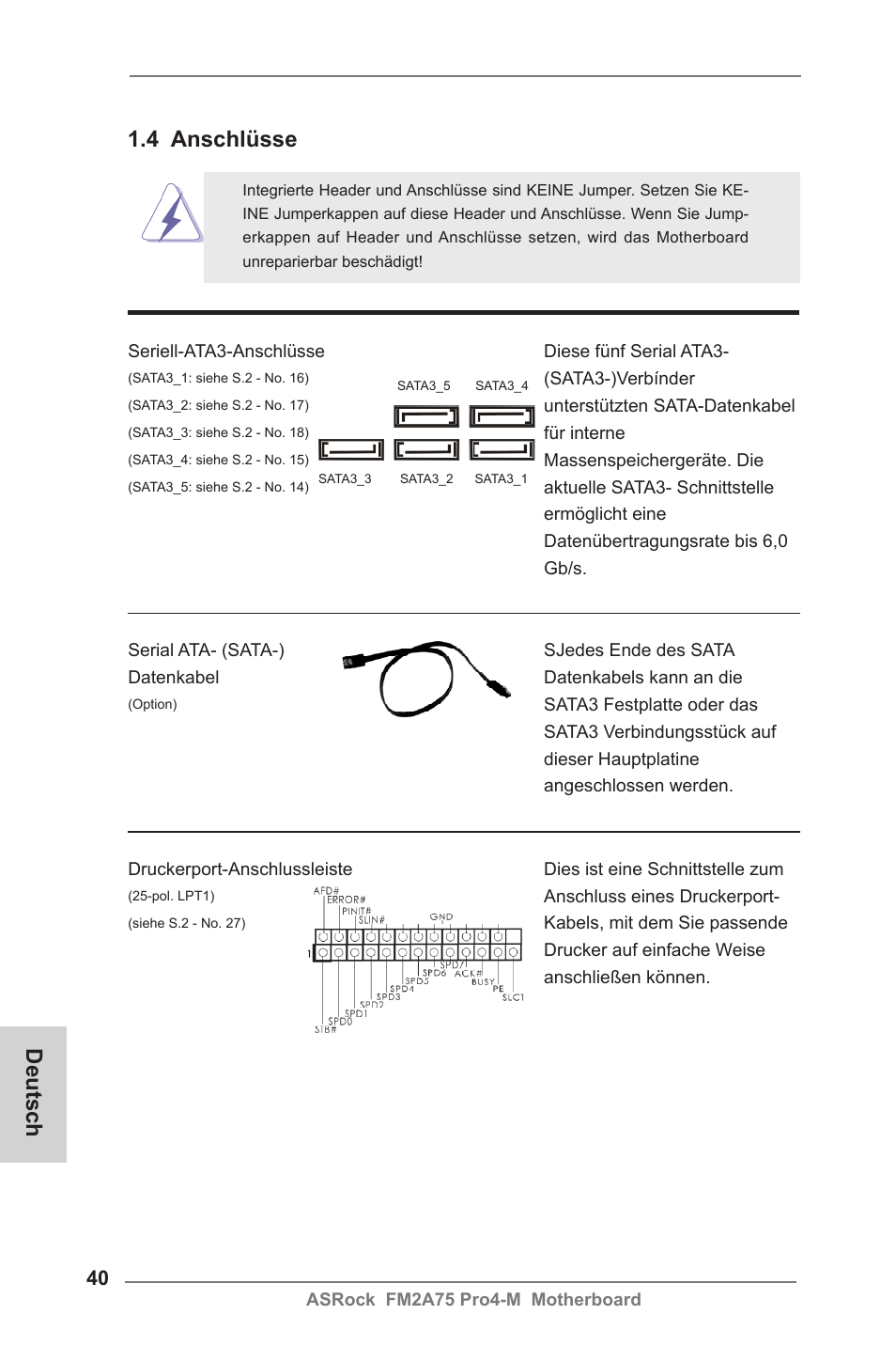 4 anschlüsse, Deutsch | ASRock FM2A75 Pro4-M User Manual | Page 40 / 164