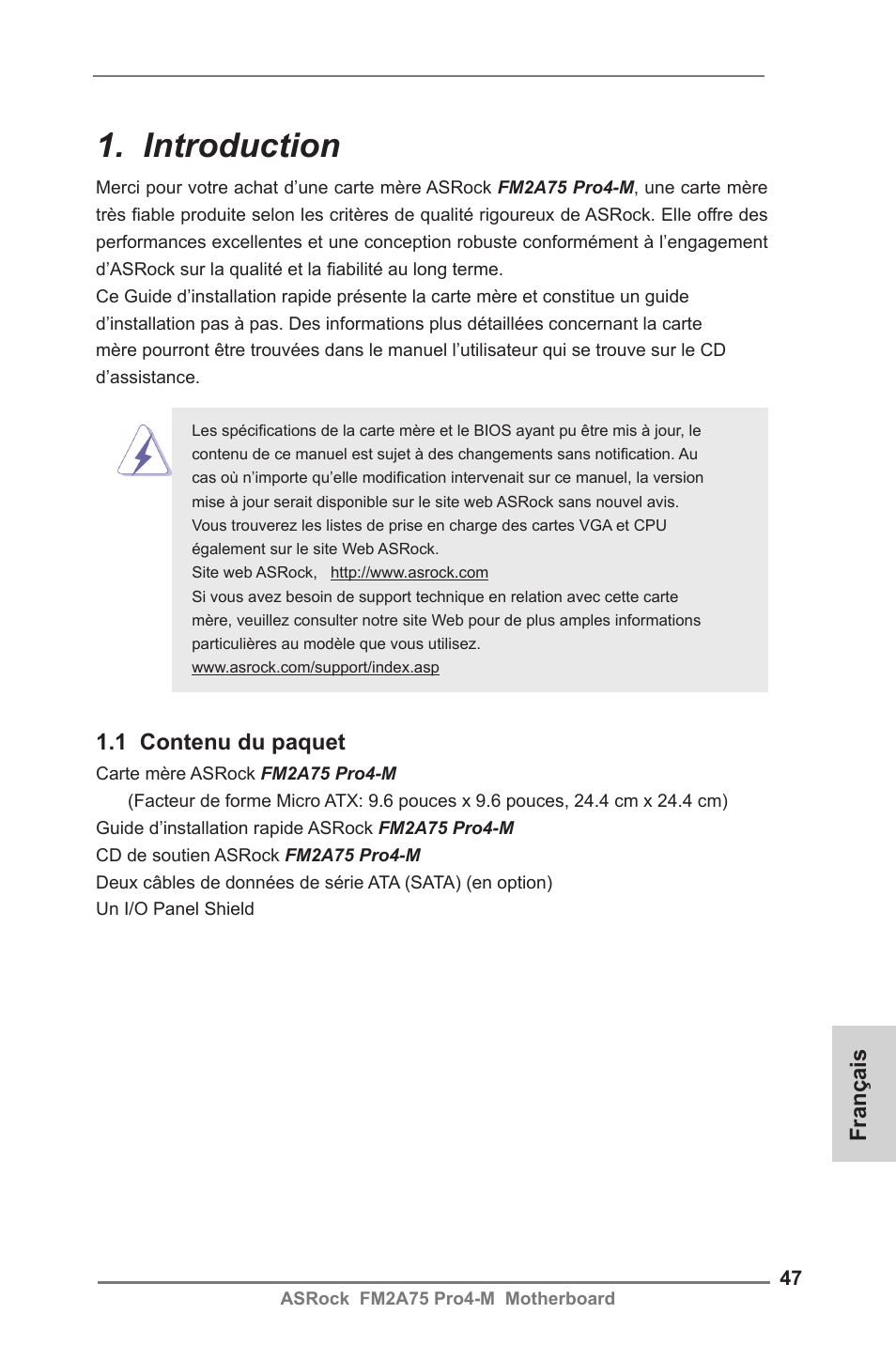 French, Introduction, 1 contenu du paquet | Français | ASRock FM2A75 Pro4-M User Manual | Page 47 / 164