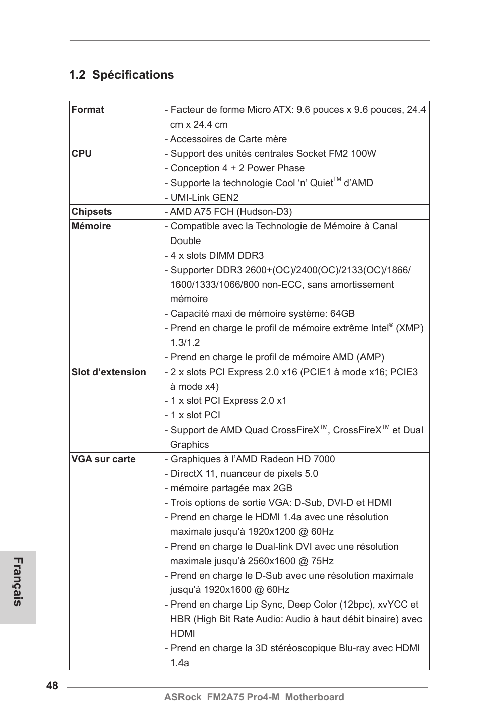 2 spécifications, Français | ASRock FM2A75 Pro4-M User Manual | Page 48 / 164