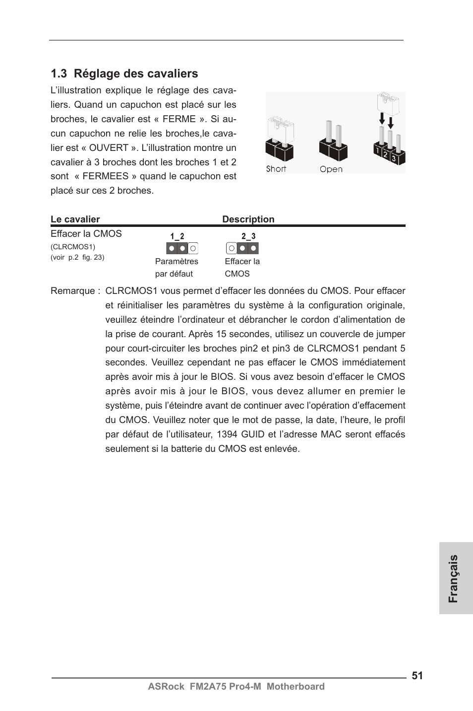 3 réglage des cavaliers, Français | ASRock FM2A75 Pro4-M User Manual | Page 51 / 164