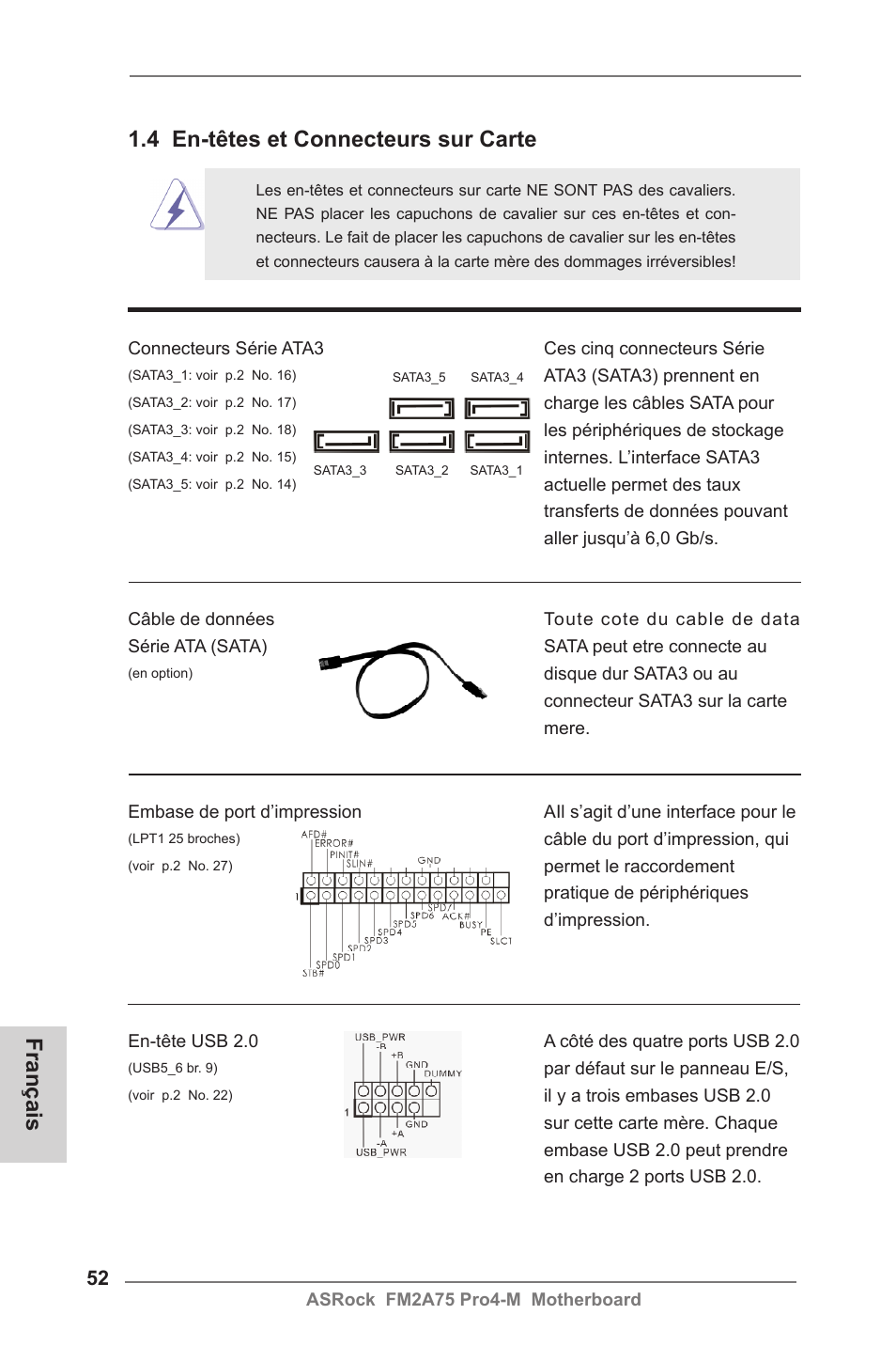 4 en-têtes et connecteurs sur carte, Français | ASRock FM2A75 Pro4-M User Manual | Page 52 / 164