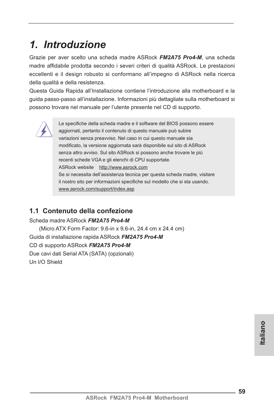 Italian, Introduzione, 1 contenuto della confezione | Italiano | ASRock FM2A75 Pro4-M User Manual | Page 59 / 164