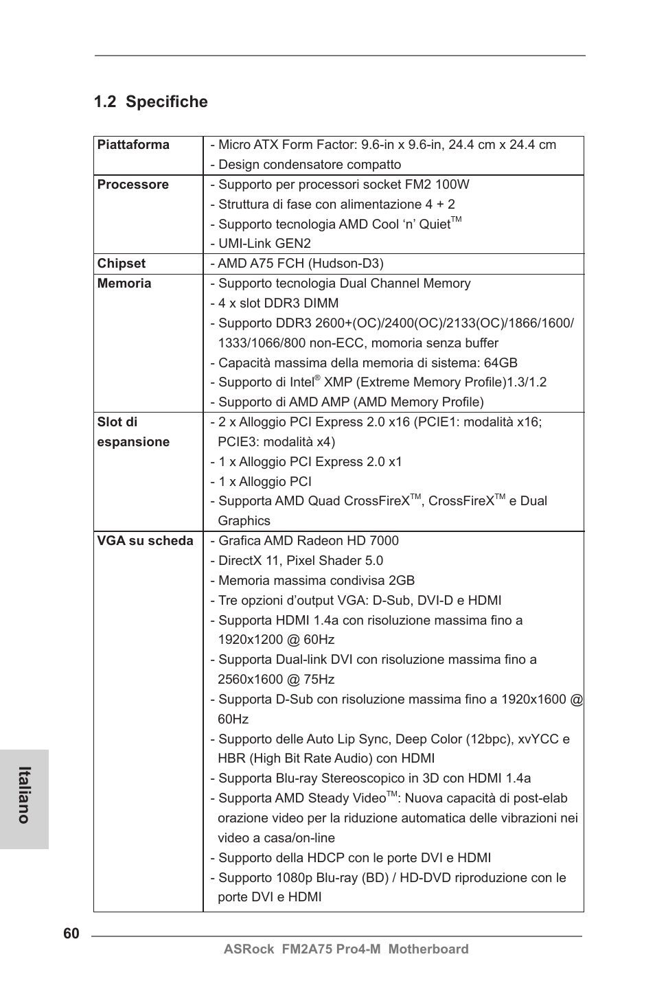 2 specifiche, Italiano | ASRock FM2A75 Pro4-M User Manual | Page 60 / 164