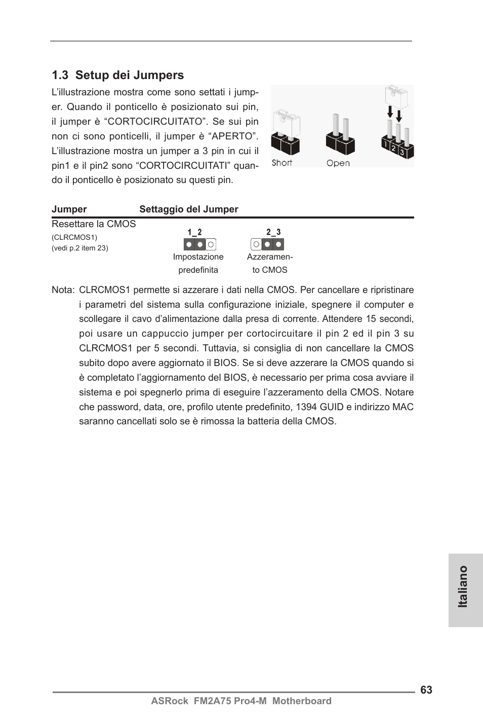 3 setup dei jumpers, Italiano | ASRock FM2A75 Pro4-M User Manual | Page 63 / 164