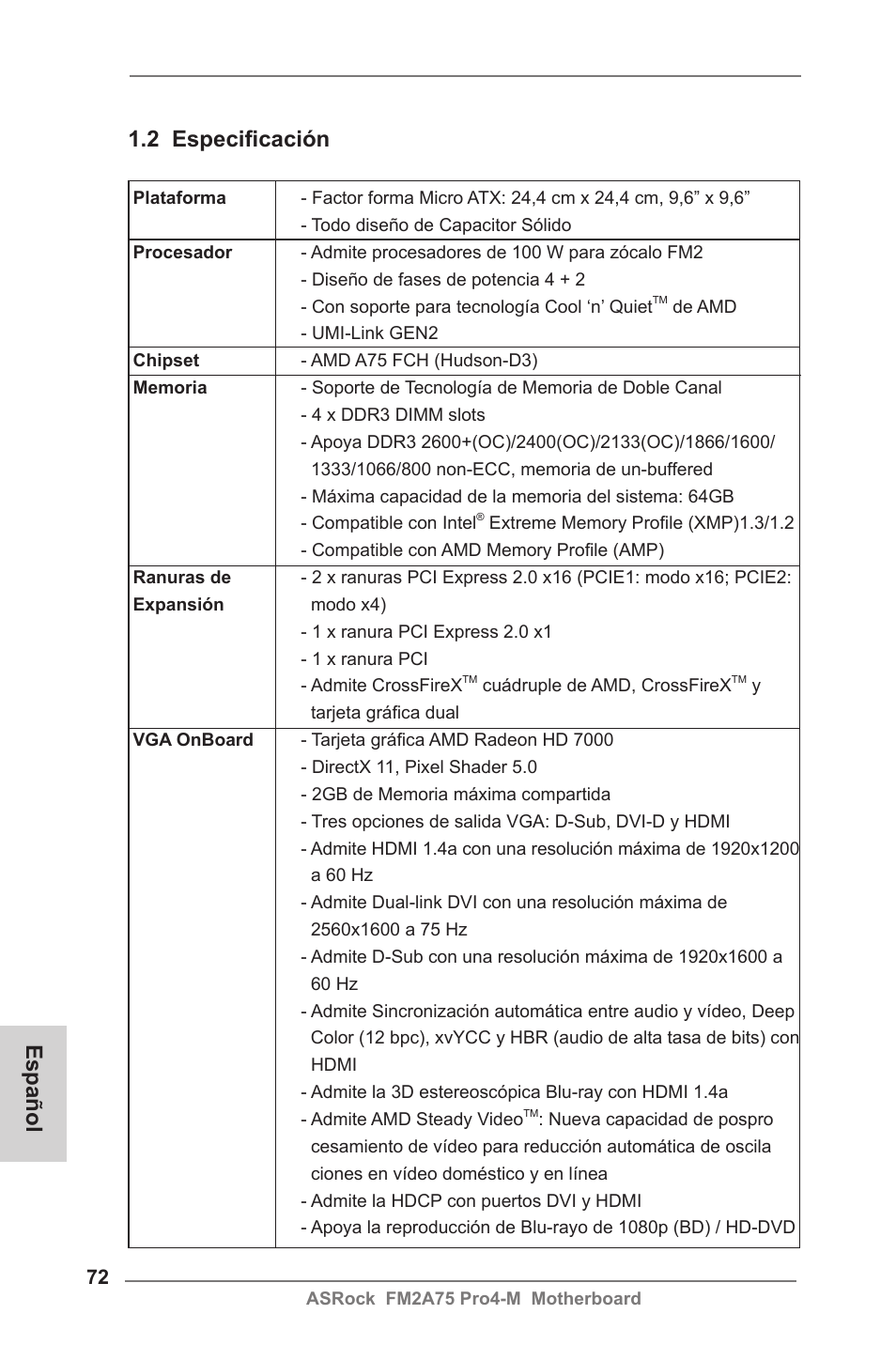 2 especificación, Español | ASRock FM2A75 Pro4-M User Manual | Page 72 / 164