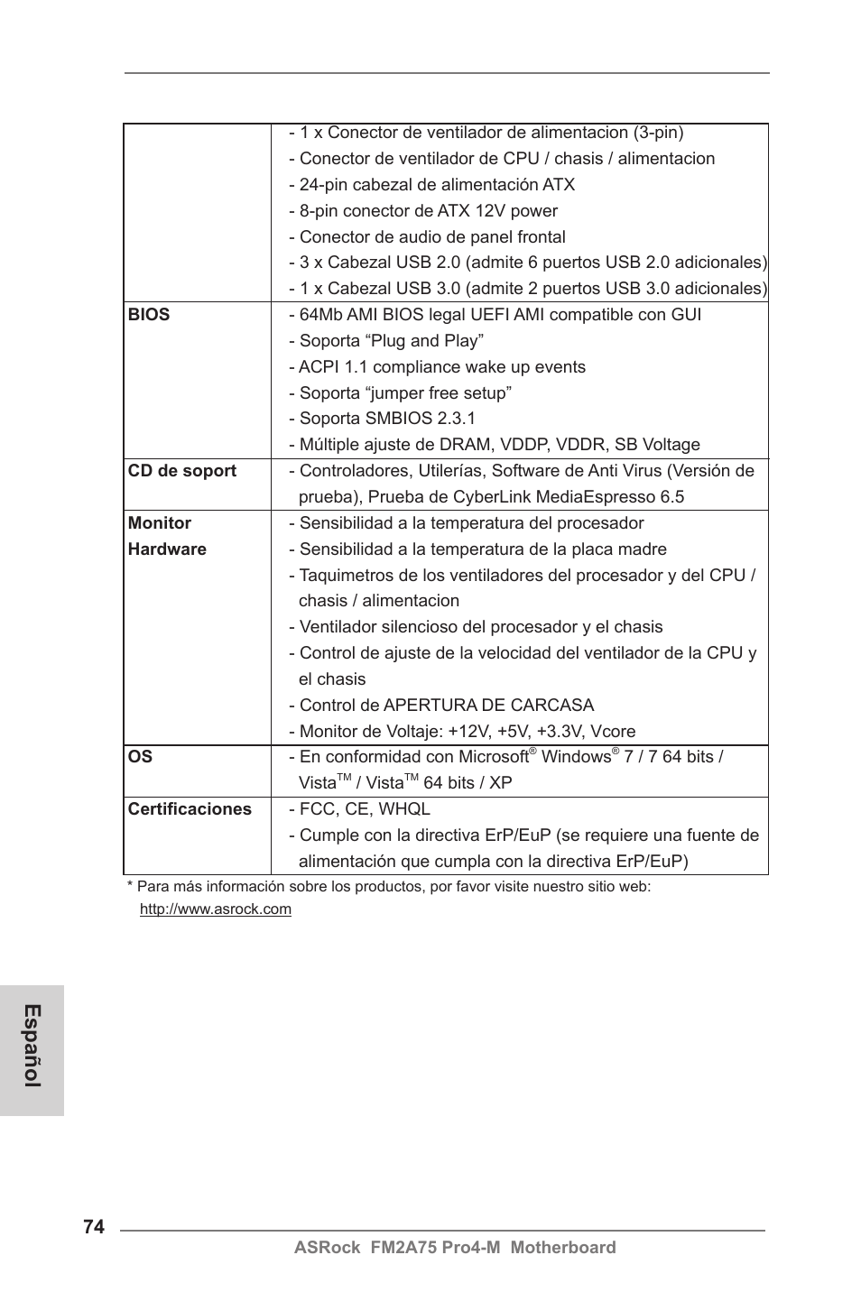 Español | ASRock FM2A75 Pro4-M User Manual | Page 74 / 164