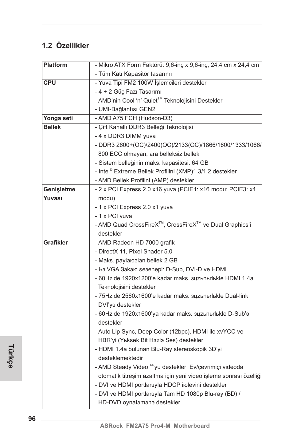 2 özellikler, Türkçe | ASRock FM2A75 Pro4-M User Manual | Page 96 / 164