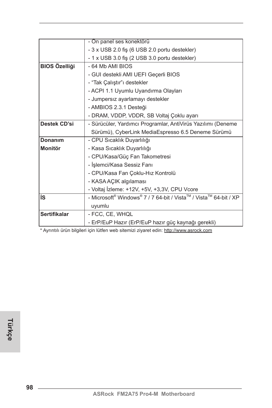 Türkçe | ASRock FM2A75 Pro4-M User Manual | Page 98 / 164