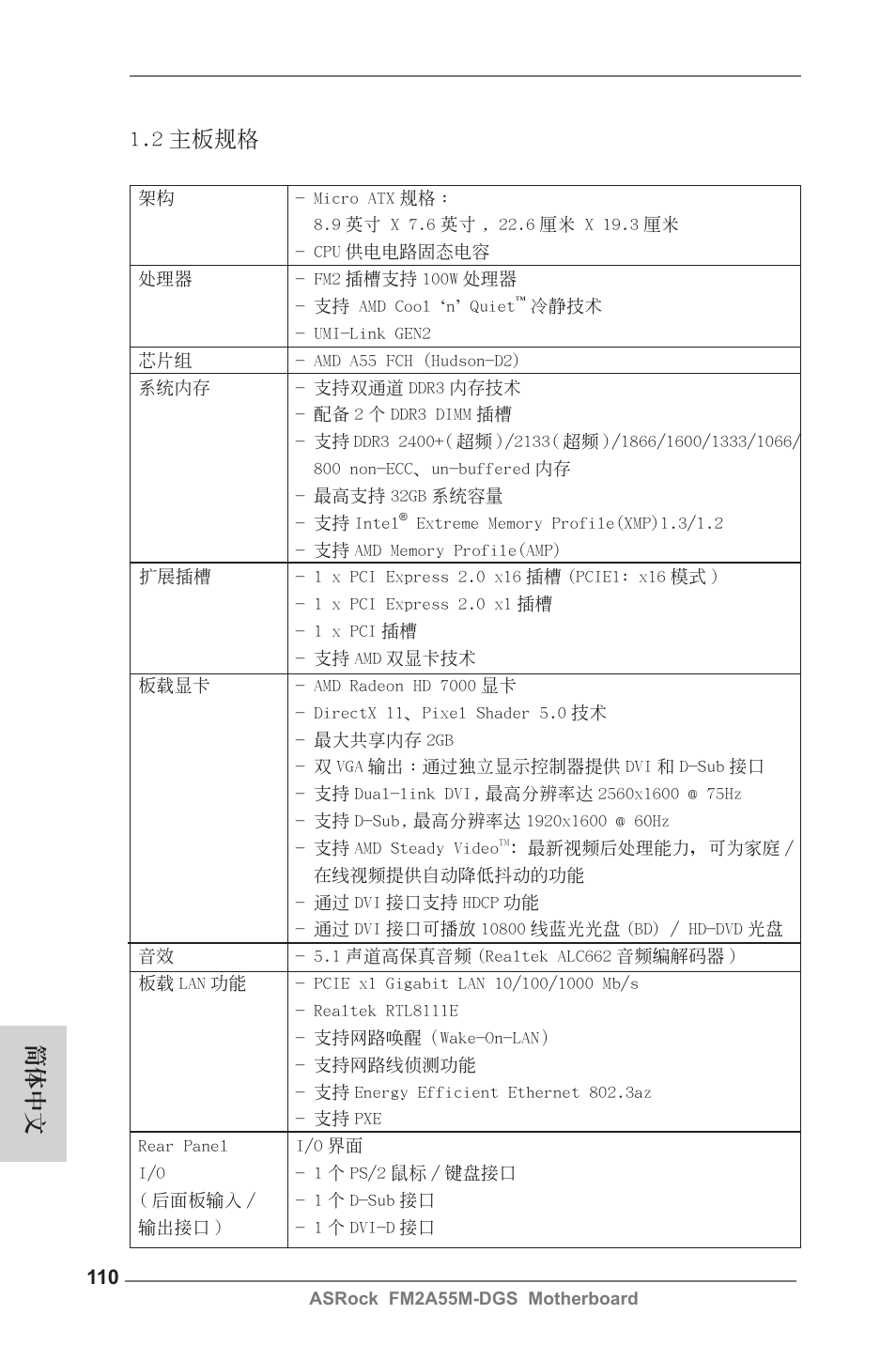 2 主板規格, 簡體中文 | ASRock FM2A55M-DGS User Manual | Page 110 / 138