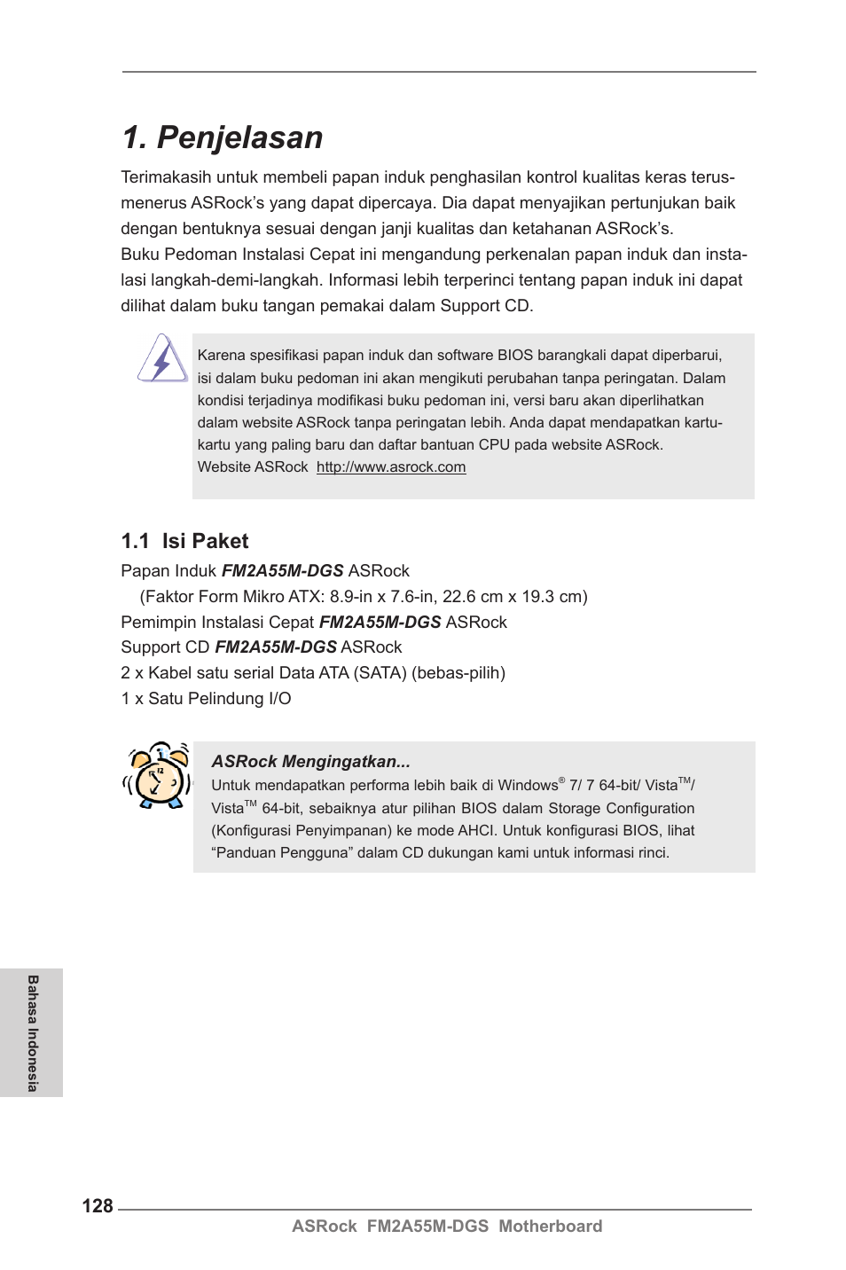 Indonesian, Penjelasan, 1 isi paket | ASRock FM2A55M-DGS User Manual | Page 128 / 138