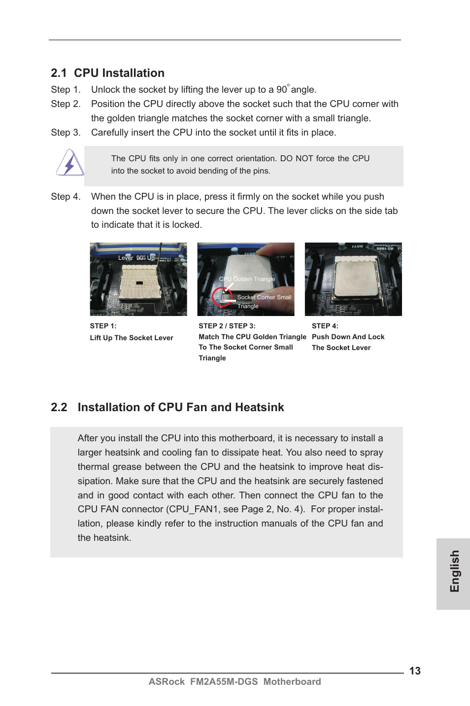 English 2.1 cpu installation, 2 installation of cpu fan and heatsink | ASRock FM2A55M-DGS User Manual | Page 13 / 138