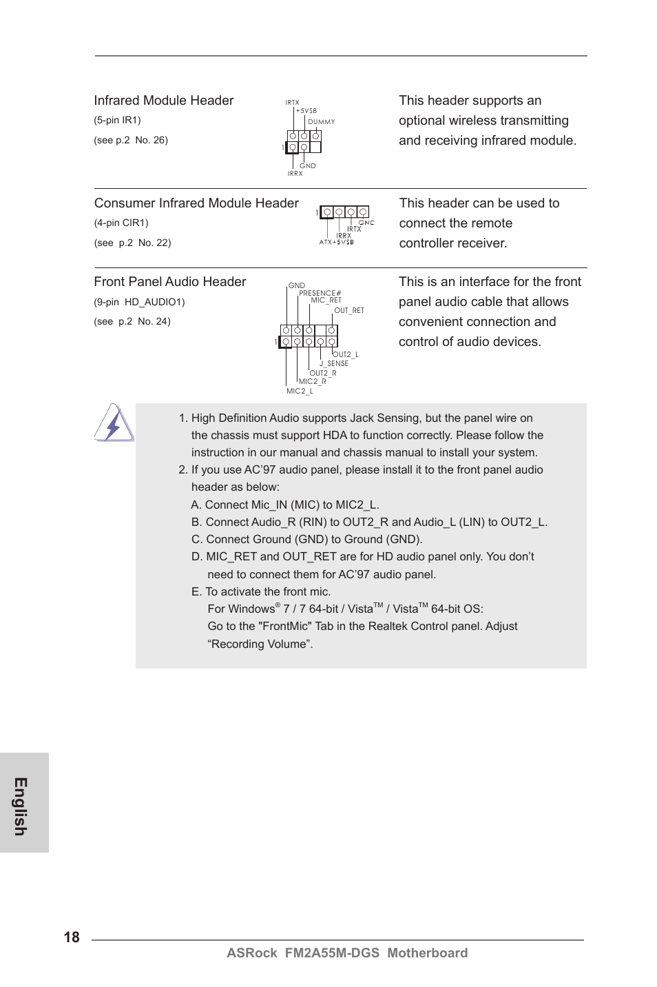 English, Asrock fm2a55m-dgs motherboard, Infrared module header this header supports an | Optional wireless transmitting, Panel audio cable that allows, Connect the remote, Controller receiver | ASRock FM2A55M-DGS User Manual | Page 18 / 138