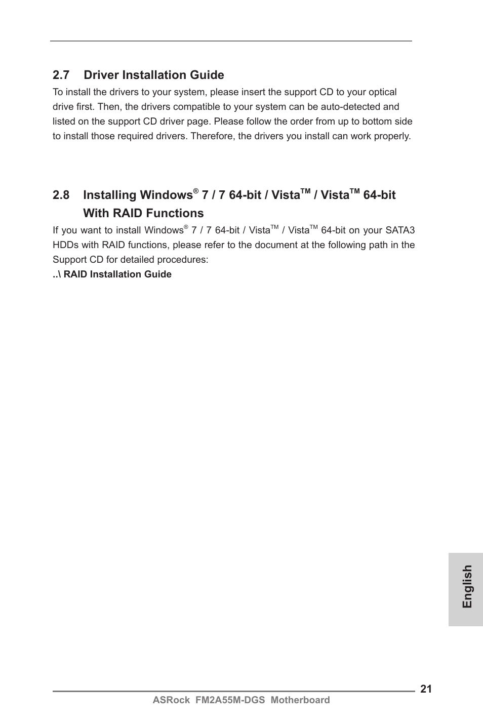 English 2.8 installing windows, 7 / 7 64-bit / vista, Vista | Bit with raid functions, 7 driver installation guide | ASRock FM2A55M-DGS User Manual | Page 21 / 138