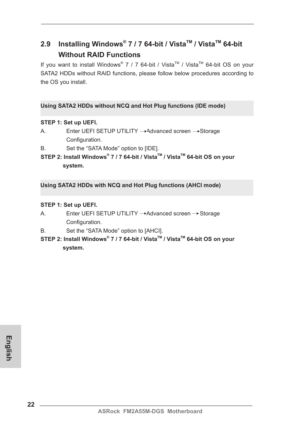 English, 9 installing windows, 7 / 7 64-bit / vista | Vista, Bit without raid functions | ASRock FM2A55M-DGS User Manual | Page 22 / 138