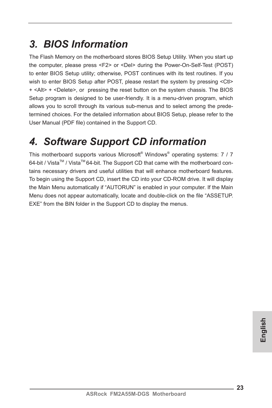 Bios information, Software support cd information, English | ASRock FM2A55M-DGS User Manual | Page 23 / 138