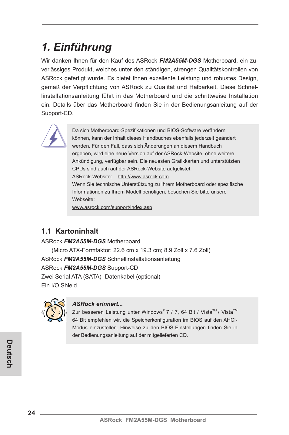 German, Einführung, 1 kartoninhalt | Deutsch | ASRock FM2A55M-DGS User Manual | Page 24 / 138