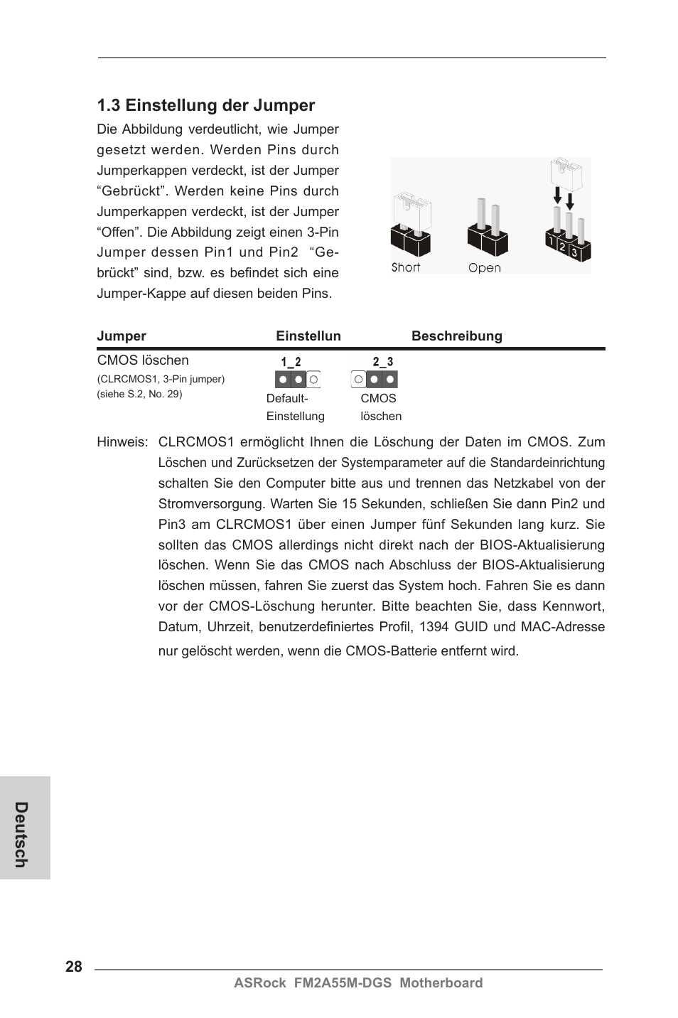 Deutsch 1.3 einstellung der jumper | ASRock FM2A55M-DGS User Manual | Page 28 / 138