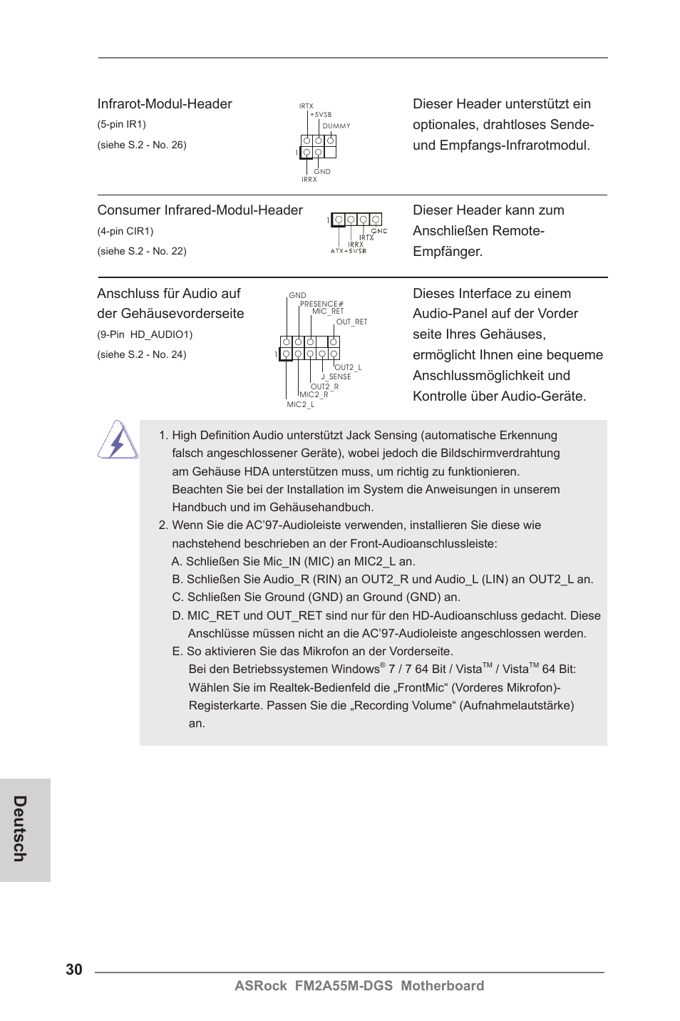 Deutsch, Asrock fm2a55m-dgs motherboard, Optionales, drahtloses sende | Seite ihres gehäuses, Anschließen remote, Empfänger | ASRock FM2A55M-DGS User Manual | Page 30 / 138